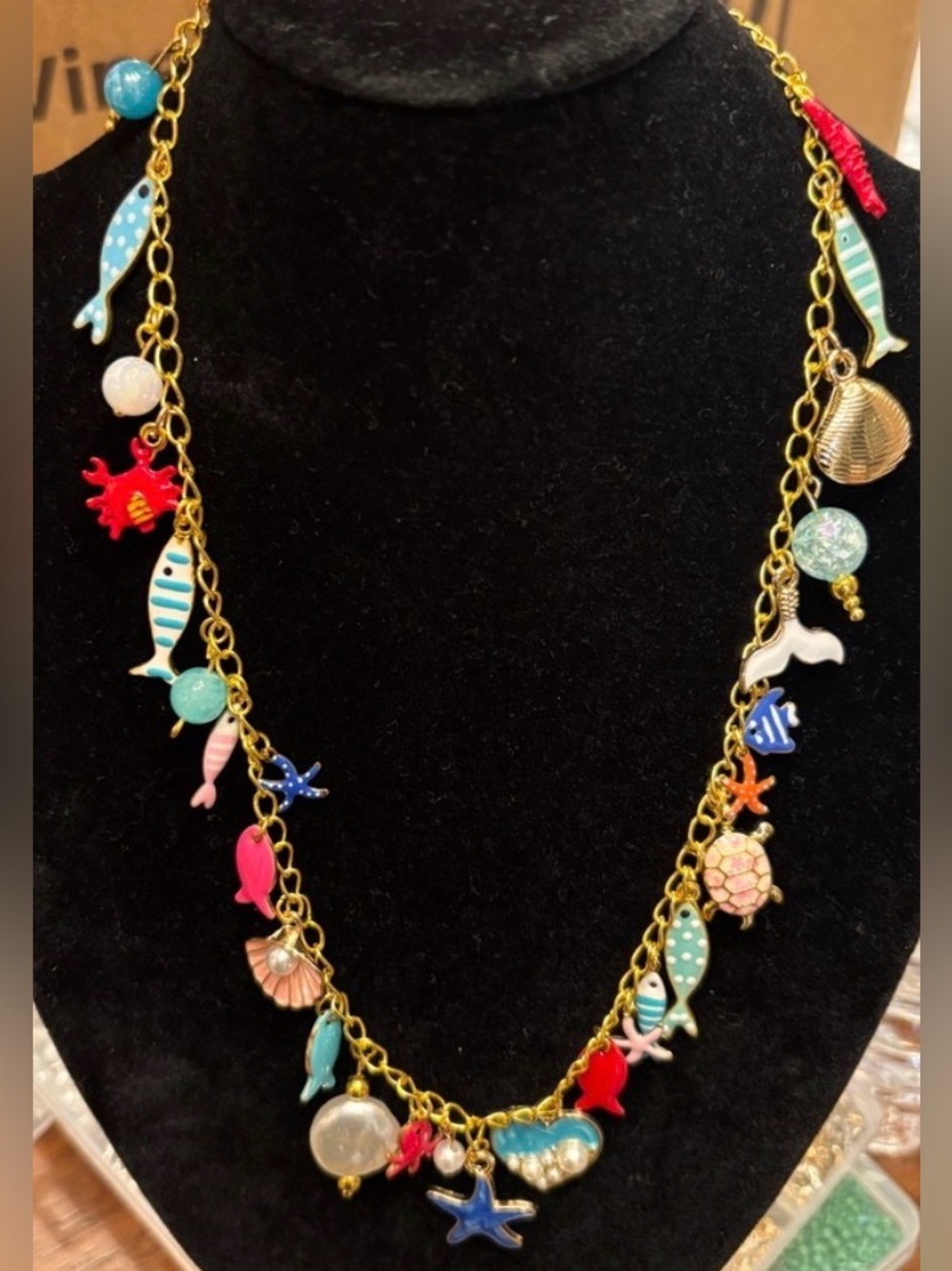 Women’s Colorful Sea loaded Charm Necklace - Gold Chain adjustable length